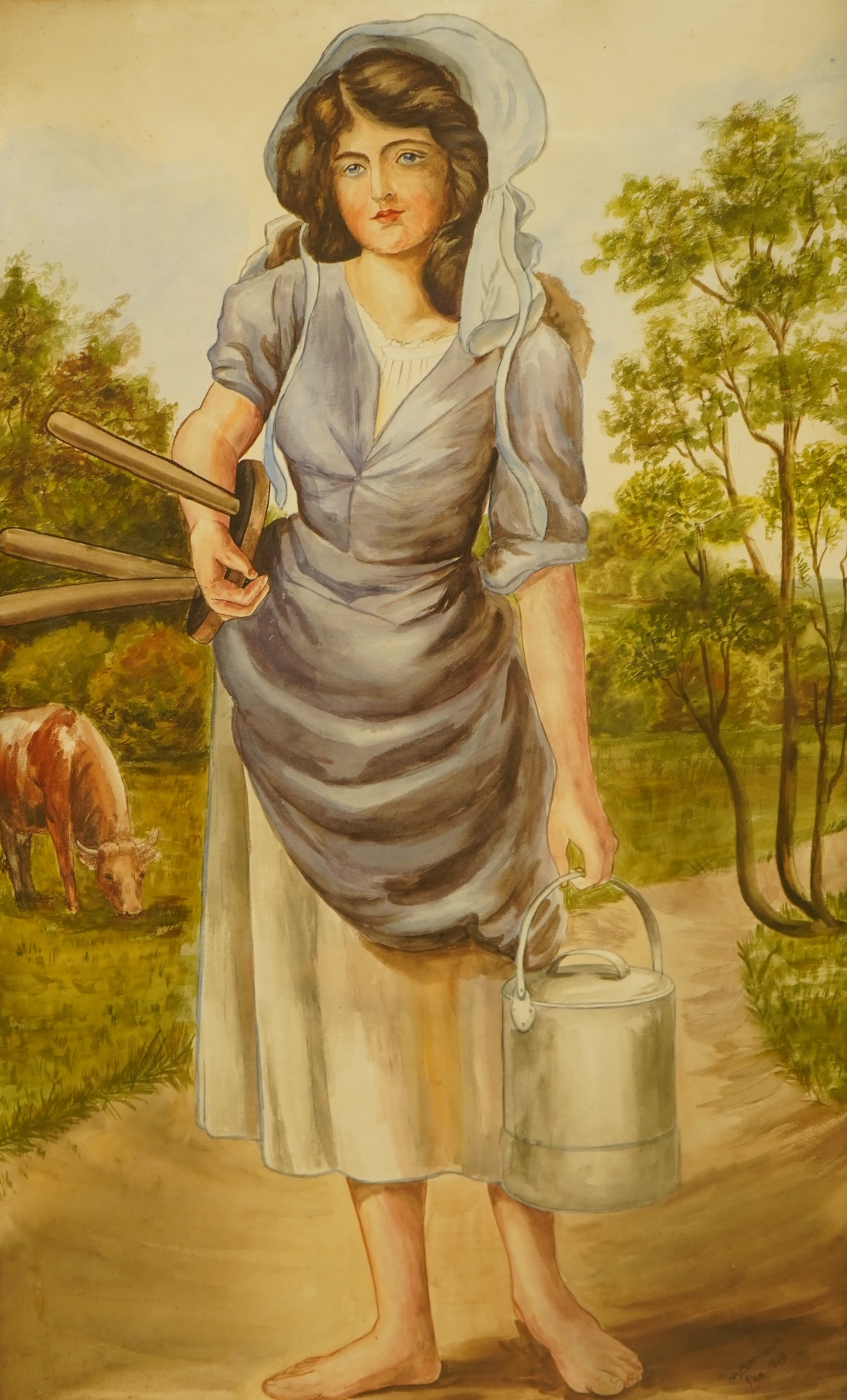 M. Compson, Studies of dairymaids before cattle, each signed and dated Jan 1919 and Oct 1919, pair of watercolours, 74 x 45cm